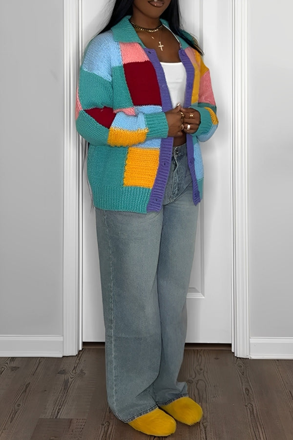 Lässiger einreihiger Colorblock-Strickcardigan