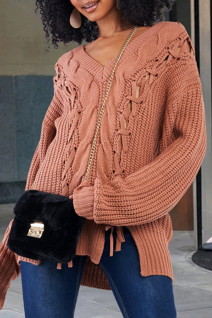 Casual V-Neck Lace Up Cable Knit Sweater