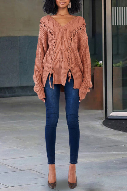 Casual V-Neck Lace Up Cable Knit Sweater