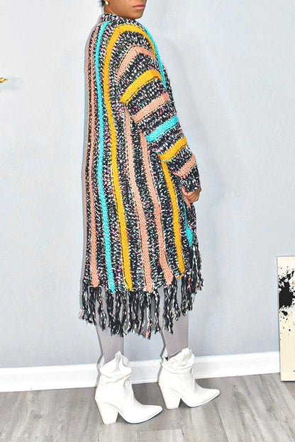 Casual Knit Multi Colored Fringe Hem Cardigan