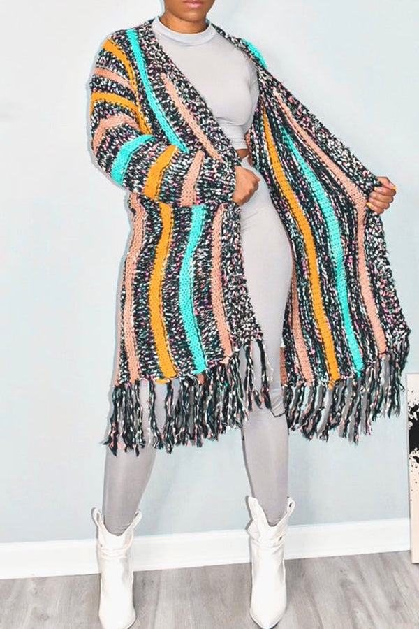 Casual Knit Multi Colored Fringe Hem Cardigan