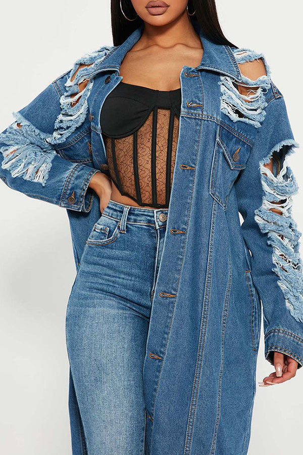 Casual Ripped Single Breasted Denim Jacket