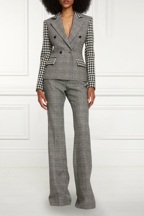 Classic Plaid Splicing Double Breasted Blazer & Pants Set