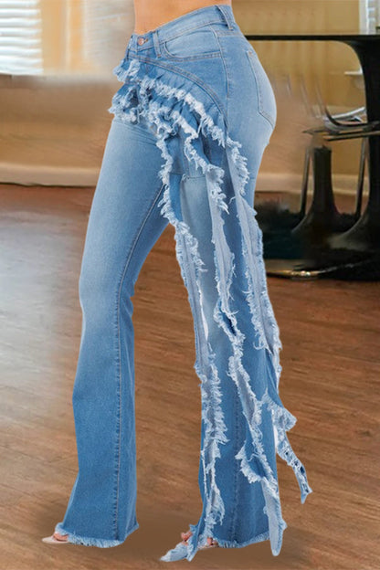 Casual Frayed Frilled Wide Leg Jeans