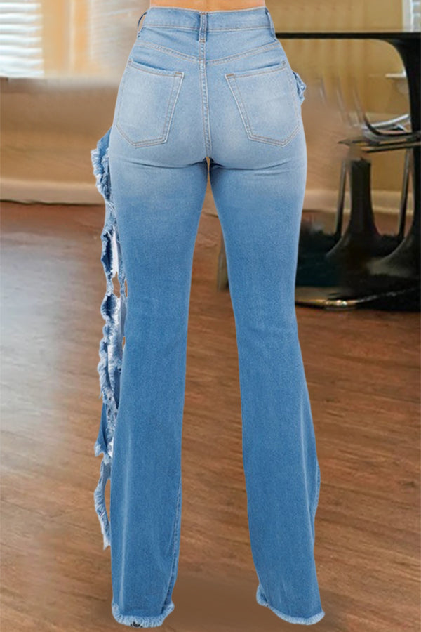 Casual Frayed Frilled Wide Leg Jeans