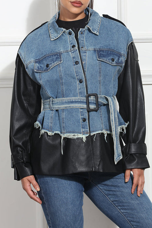 Casual Belted Leather Stitching Denim Jacket