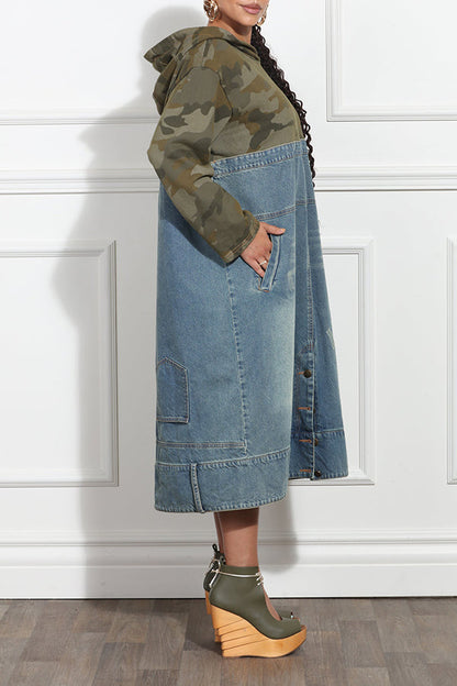 Casual Utilitarian Camo Hooded Denim Dress