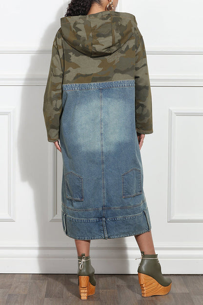 Casual Utilitarian Camo Hooded Denim Dress