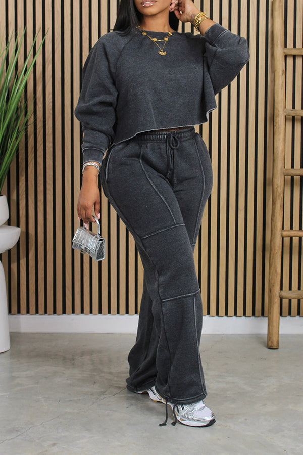 Casual Raglan Sleeve Hem Crimping Sweatshirt & Pants Set