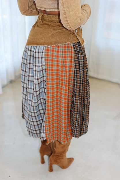 Casual Asymmetric Plaid Panel Slit Skirt