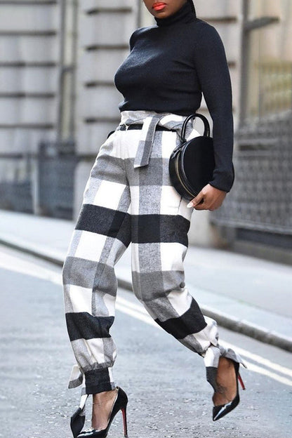 Casual Cozy Plaid Hem Straps Tapered Pants