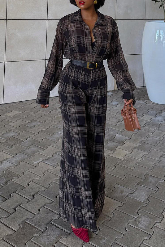 Casual Plaid Single Breasted Shirt & Pants Set