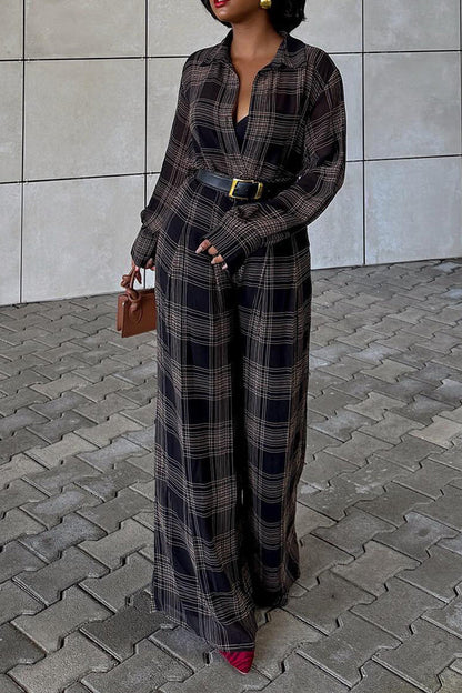 Casual Plaid Single Breasted Shirt & Pants Set