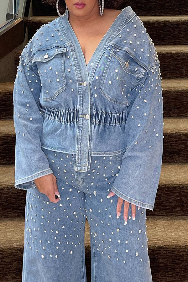 Casual Rhinestones V-Neck Single Breasted Denim Jacket & Jean Set