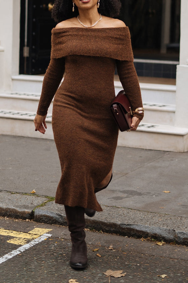 Casual Off Shoulder Solid Cable Knit Dress