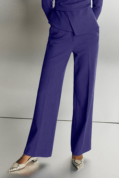 Chic Round Neck Ruched Top & Tailored Pants Set