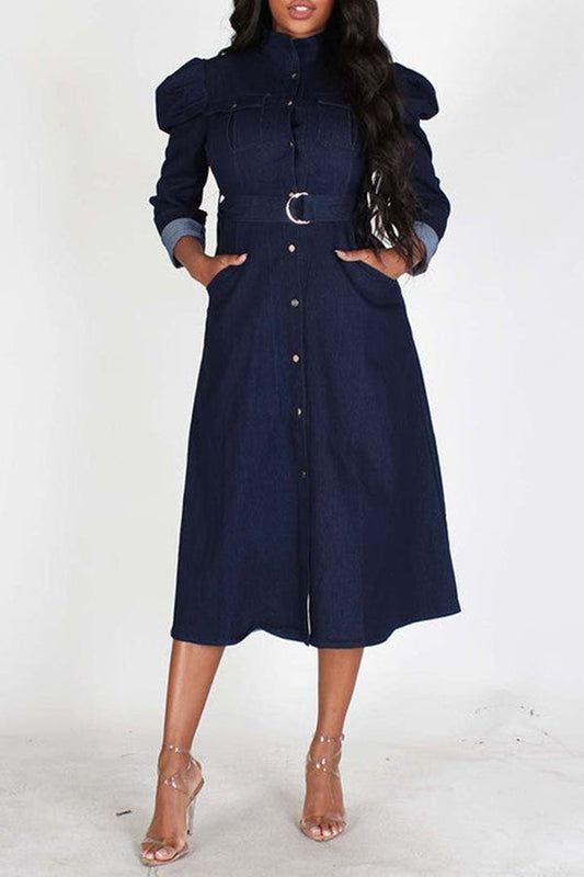 Vintage Gigot Sleeve Denim Midi Dress