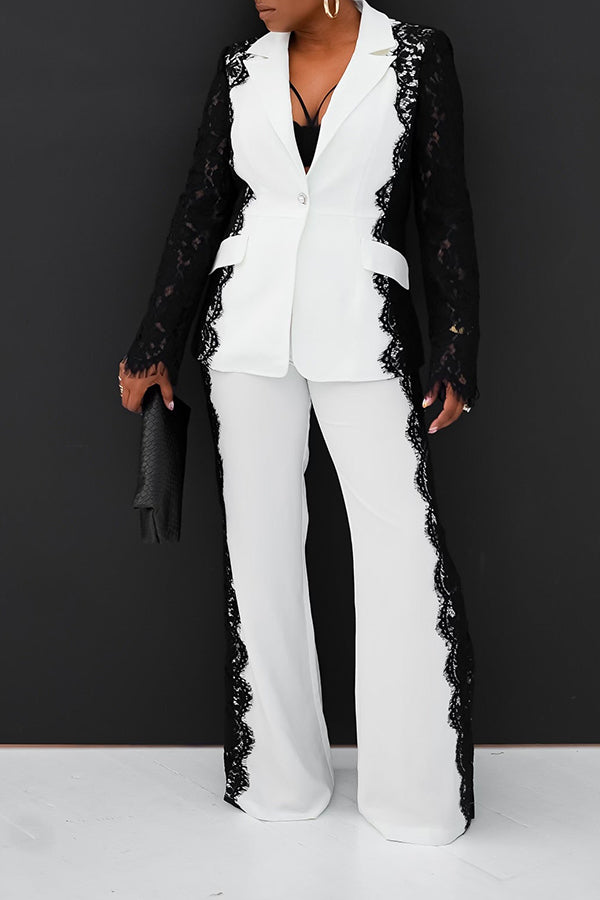 Chic Lapel Neck Lace Detail Blazer & Pants Set