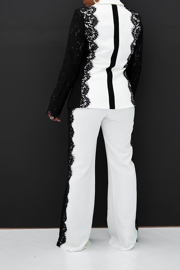 Chic Lapel Neck Lace Detail Blazer & Pants Set