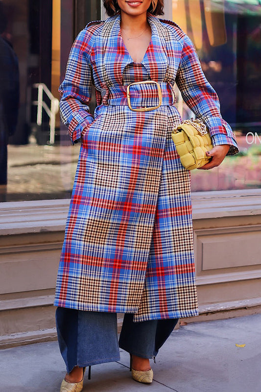 Classic Plaid Wide Belted Lapel Trench Coat