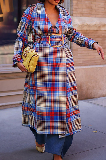 Classic Plaid Wide Belted Lapel Trench Coat