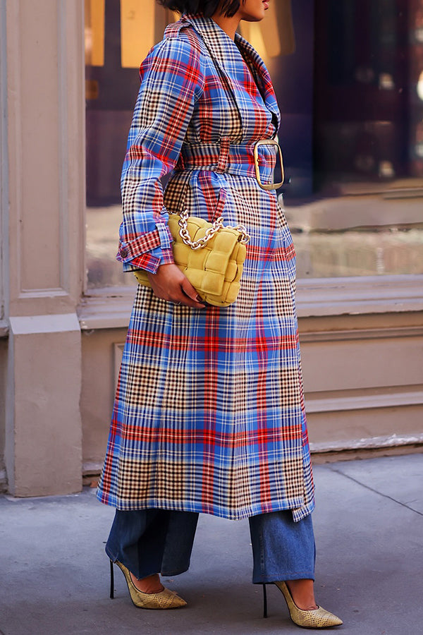 Classic Plaid Wide Belted Lapel Trench Coat