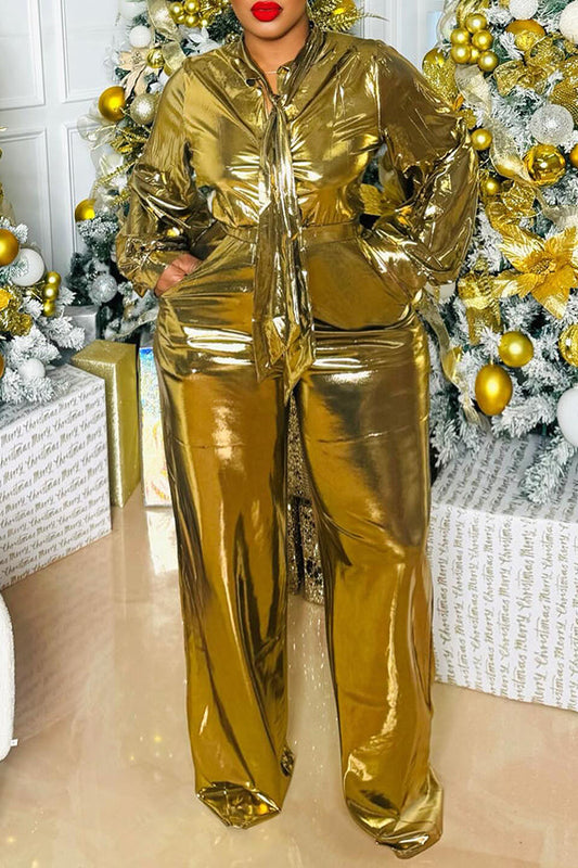 Shiny Metallic Bandage Shirt & Wide Leg Pants Set