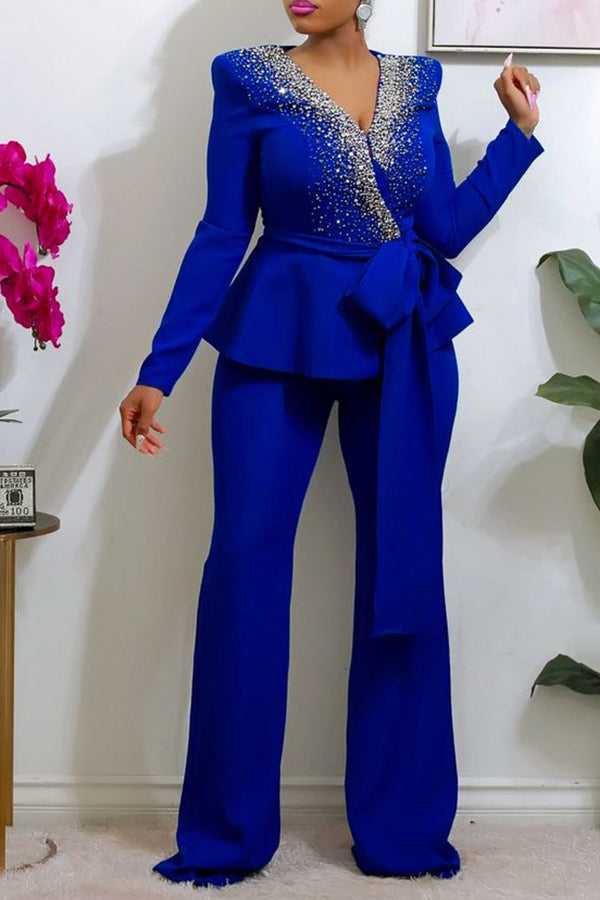 Fashion Rhinestone Decoration Ruffle Hem Blazer & Pants Set