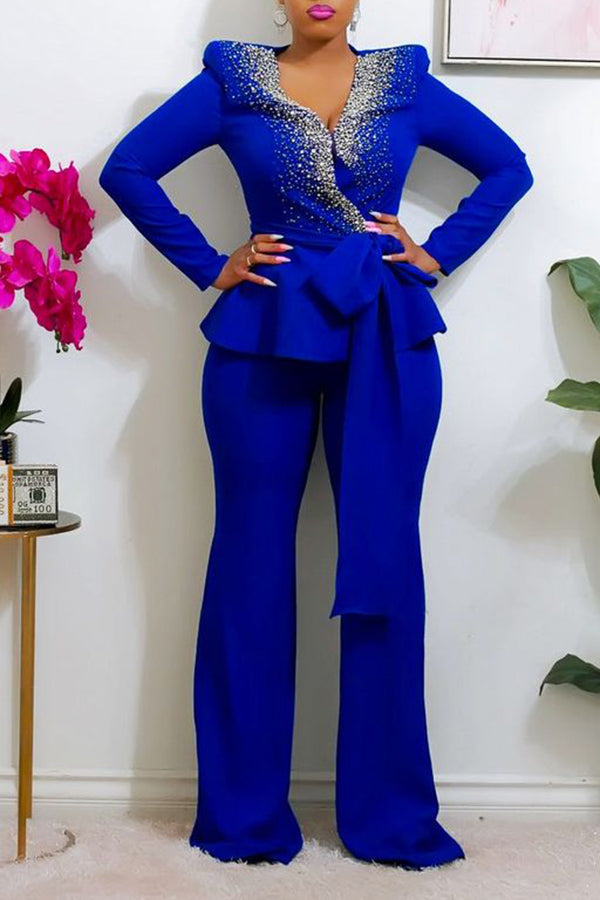 Fashion Rhinestone Decoration Ruffle Hem Blazer & Pants Set