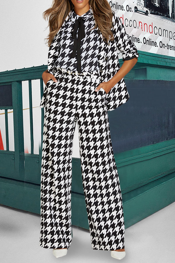 Classic Houndstooth Lapel Neck Blazer & Tailored Pants Set