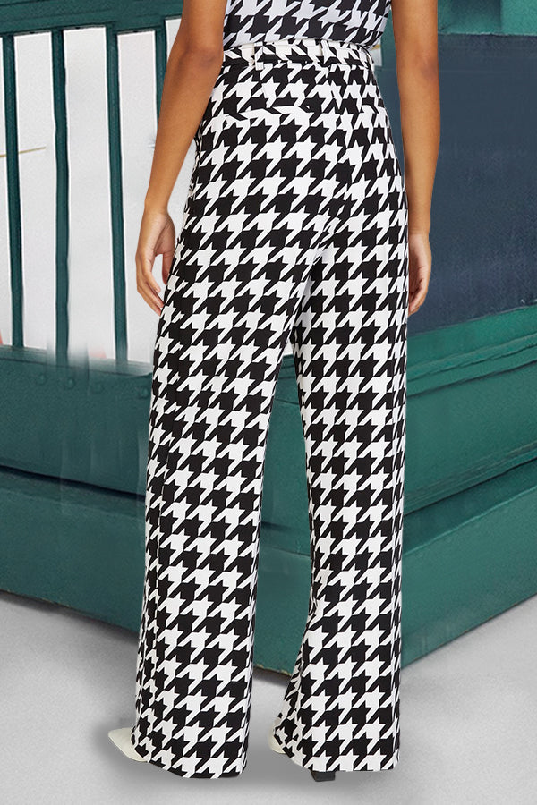 Classic Houndstooth Lapel Neck Blazer & Tailored Pants Set