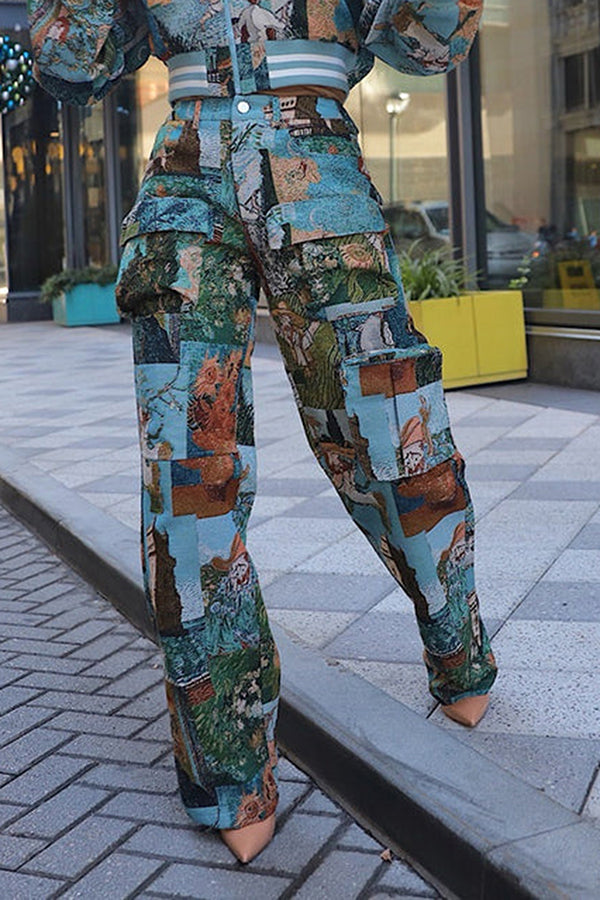 Casual Abstract Print Utility Pockets cargo pants