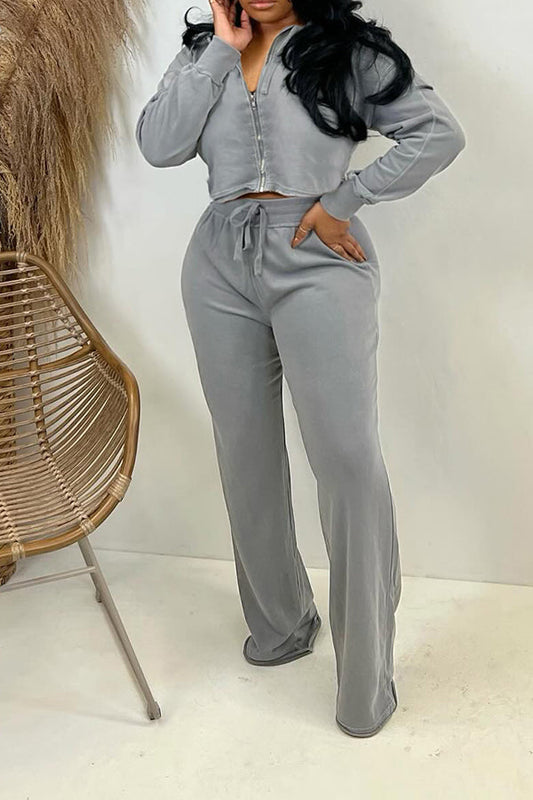 Casual Zip Up Hoodie & Wide Leg Pants Set