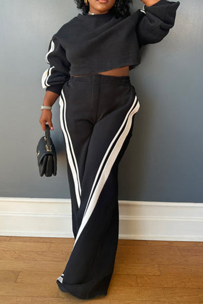 Casual Round Neck Sweatshirt & Colorblock Pants Set