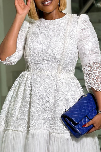 Elegant Round Neck Mesh Hem Lace Dress