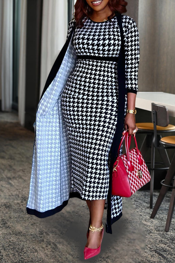 Elegant Houndstooth Round Neck Dress & Cardigan Set