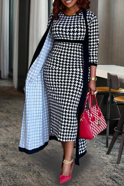 Elegant Houndstooth Round Neck Dress & Cardigan Set