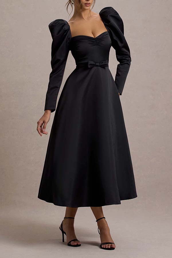 Elegant Sweetheart Collar Gigot Sleeve Midi Dress