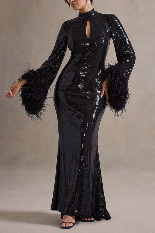 Elegant Feather Cuffs Stand Collar Sequin Midi Dress