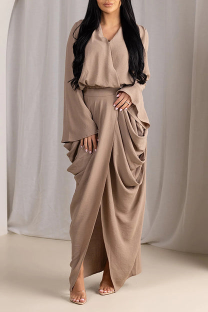 Casual V-Neck Top & Ruched Skirt Set