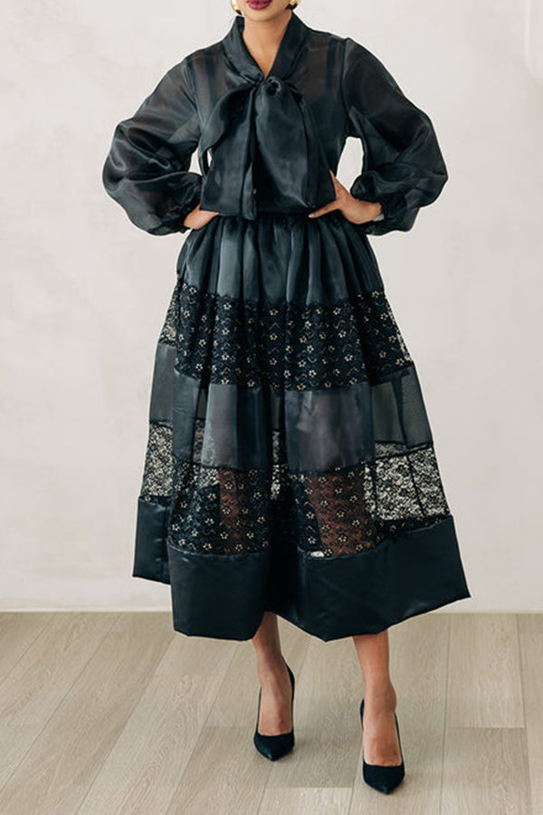 Elegant Mesh Shirt & Embroidered Mesh Splicing Skirt Set