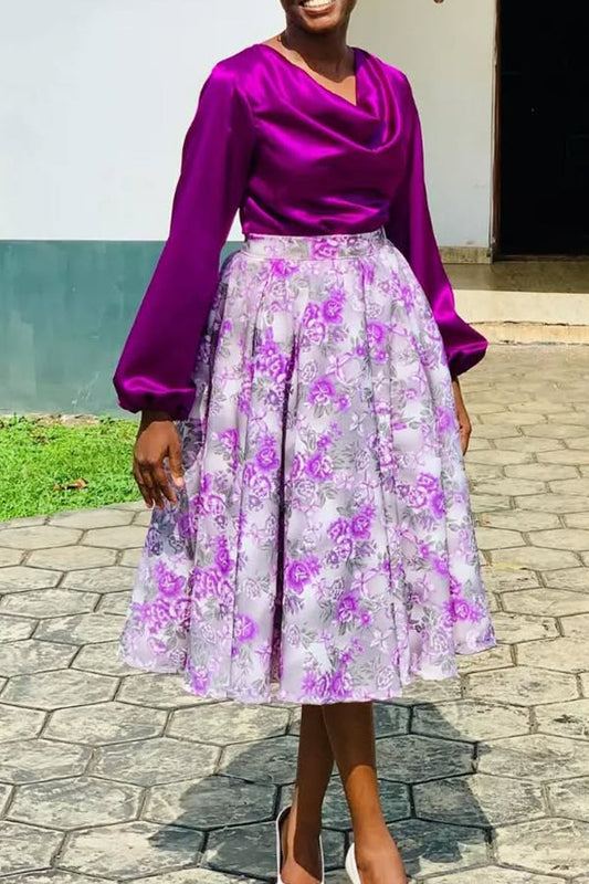 Elegant Draped Collar Shirt & Botanical Print Skirt Set