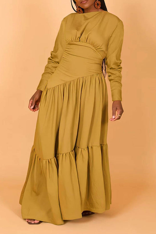 Long Sleeve Nipped Waist Ruffle Hem Dress