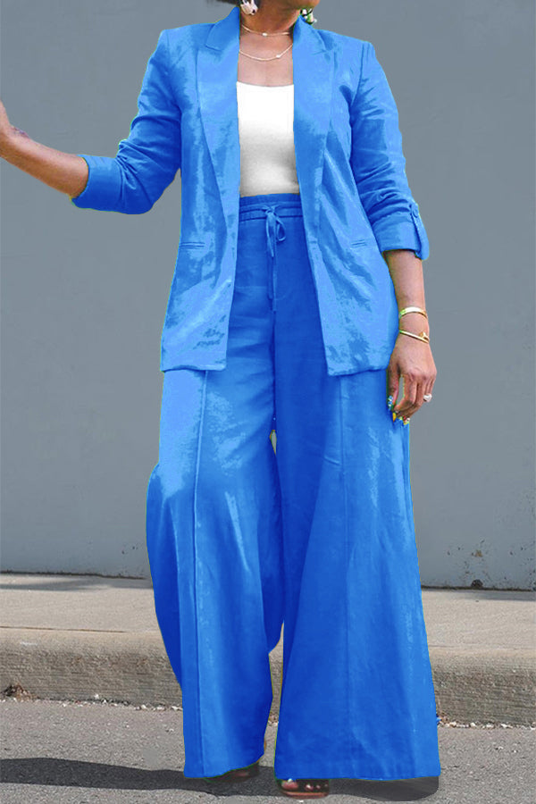 Casual Open Front Blazer & Wide Leg Pants Set