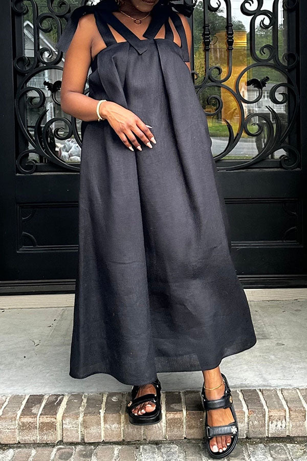 Casual Tie Shoulder Slant Pocket Maxi Dress Black