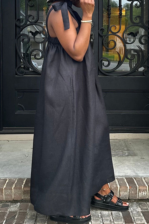 Casual Tie Shoulder Slant Pocket Maxi Dress