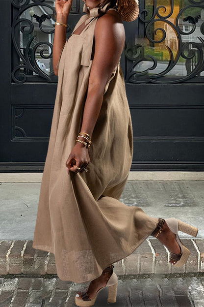 Casual Tie Shoulder Slant Pocket Maxi Dress Khaki