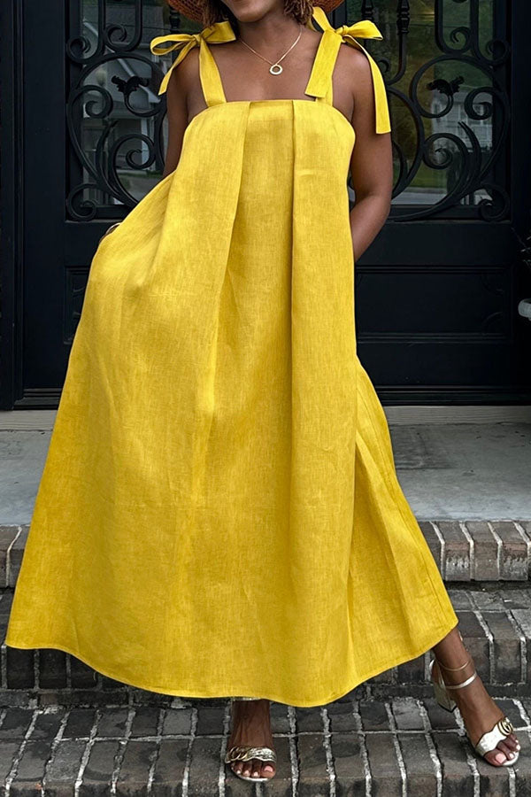 Casual Tie Shoulder Slant Pocket Maxi Dress Yellow