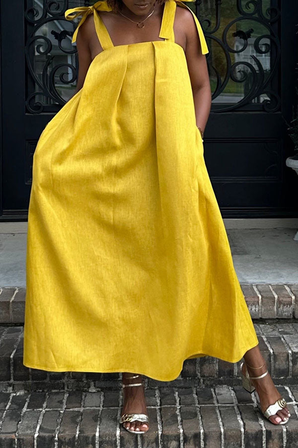 Casual Tie Shoulder Slant Pocket Maxi Dress