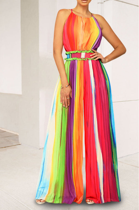 Halter Elastic Waist Pleated Jumpsuit Multicolor